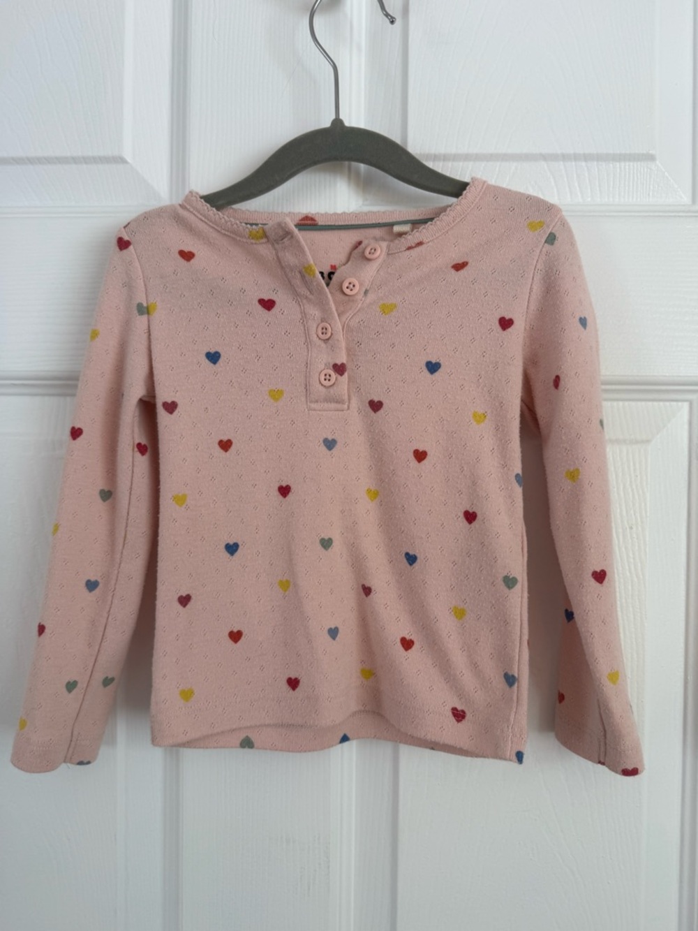 Mini Boden Pink Heart Button-Front Long Sleeve Top
